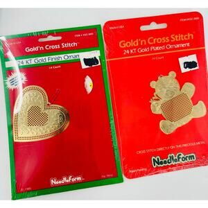2 GOLD’n CROSS STITCH 24kt Christmas Ornaments by Needleform Vintage Bear Heart